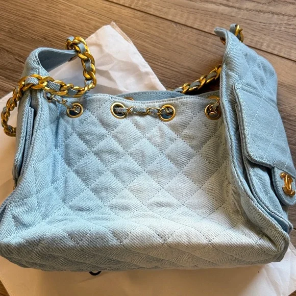 Chanel 25 Light Blue denim Jean Quilted Bag with Gold Chain look a like - Picture 6 of 9